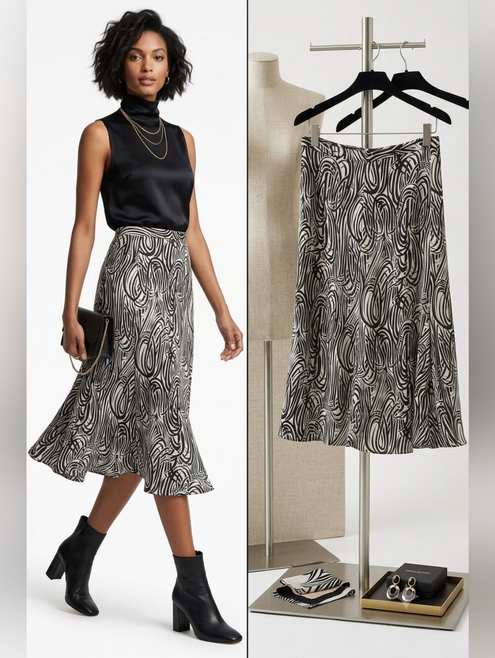 Jones New York Essential Silk Midi Skirt Black White Abstract Swirl Print Flowy